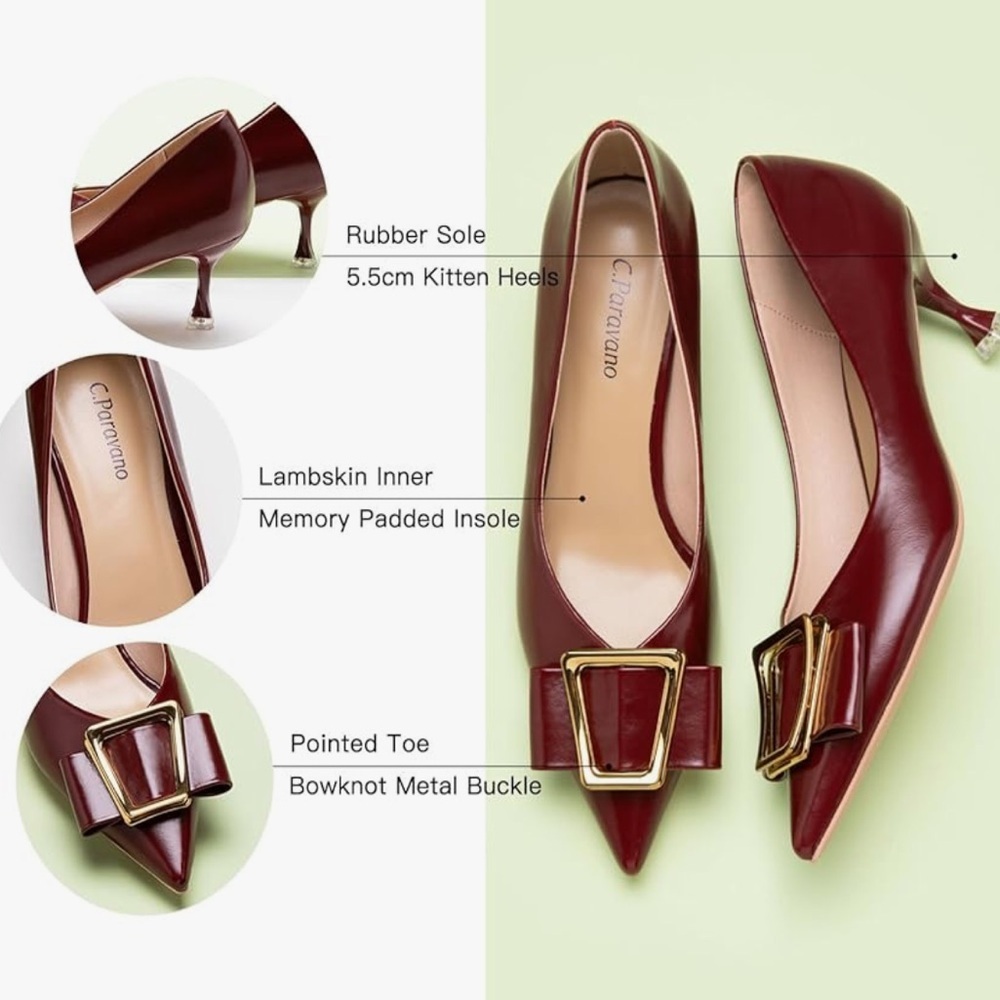 C.Paravano Red Burgundy Gold Buckle Kitten Heels Metal Tie Pumps Olivia NEW 7.5 - Picture 7 of 16